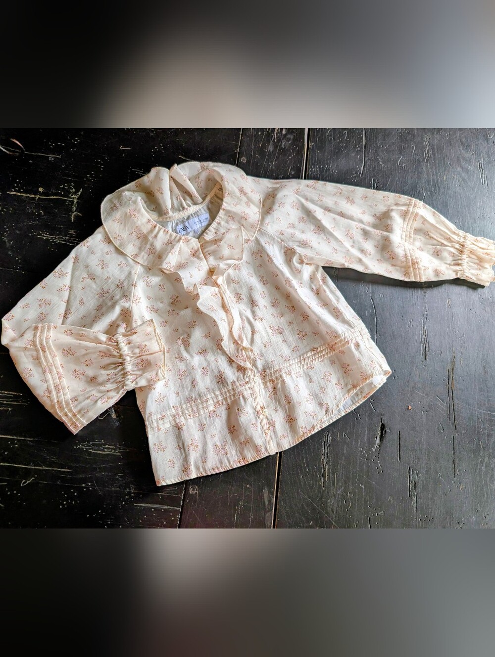 Zara Girls' Cream, Pink Ruffled Floral Blouse Vintage Vibe Cottagecore Coquette